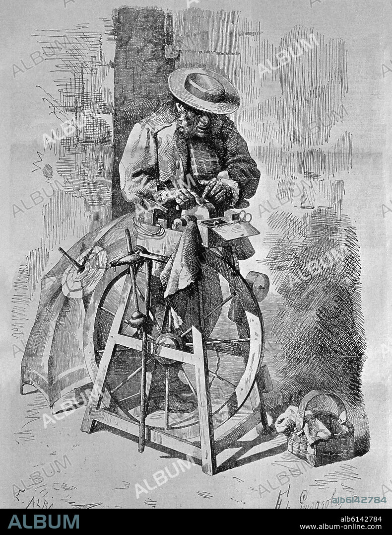 E. ALBA. GRABADO-EL AFILADOR CALLEJERO-TIPO DE GALICIA(DIBUJO DE F.GUISASOLA).