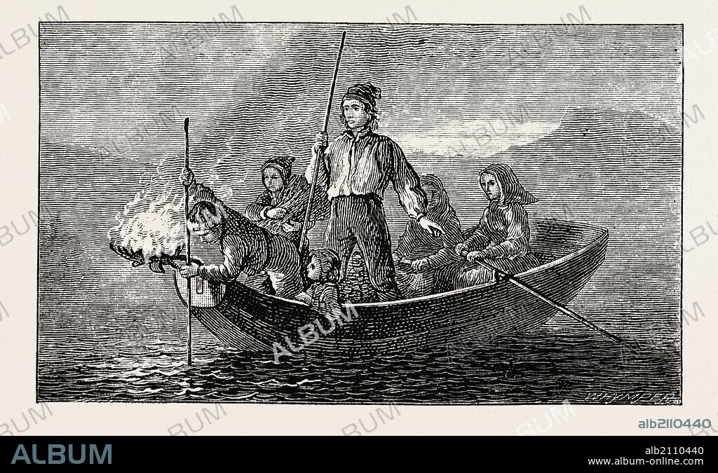 SALMON SPEARING BY NIGHT, From a painting by Tidemand. Adolph Tidemand (1814–1876) was a noted Norwegian romantic nationalism painter.