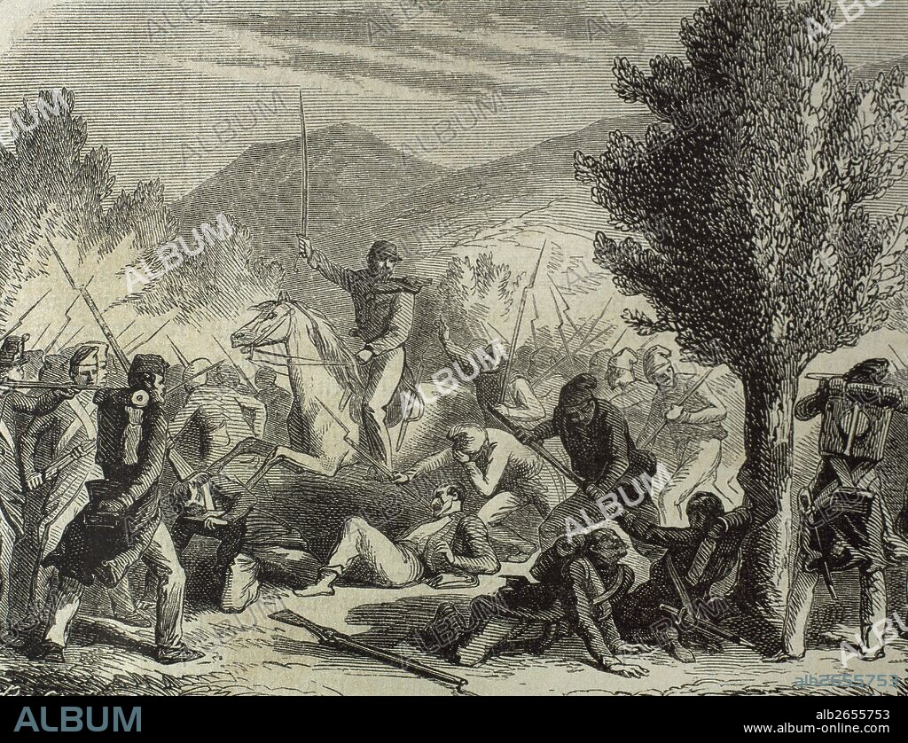 Italian unification (1859-1924). The Expedition of the Thousand. The Battle of Volturnus or Volturno (1860) between Giuseppe Garibaldi's volunteers (Red shirts) and Hungarian veterans and the troops of the Kingdom of the Two Sicilies, ruled by the Bourbons."L'Illustration" (1860). Engraving.