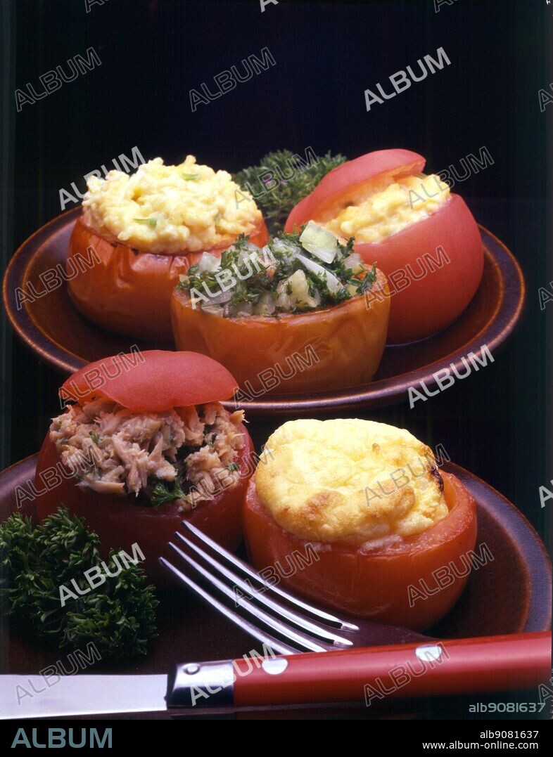 French Cooking By Eileen Reece. Tomato Farcies. Hot Or Cold Stuffed Tomatoes. Eggs, Spinach And Tuna Fish. Foreground. Petits Souffles Aux Tomates. Souffles In Tomato Cases.