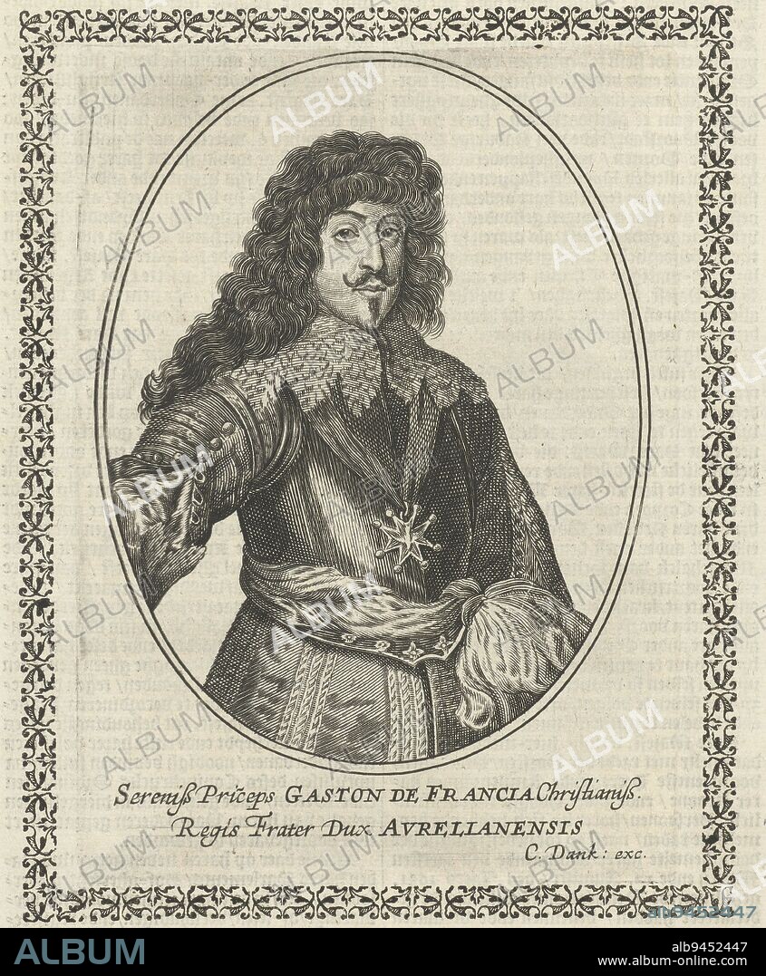 Portrait of Gaston Jean-Baptiste, Duke of Orleans, Cornelis Danckerts (I), 1613 - 1656, Portrait of Gaston Jean-Baptiste, Duke of Orleans, in half body in oval. On verso letterpress text., print maker: Cornelis Danckerts (I), publisher: Cornelis Danckerts (I), (mentioned on object), Netherlands, 1613 - 1656, paper, engraving, h 153 mm × w 108 mm.