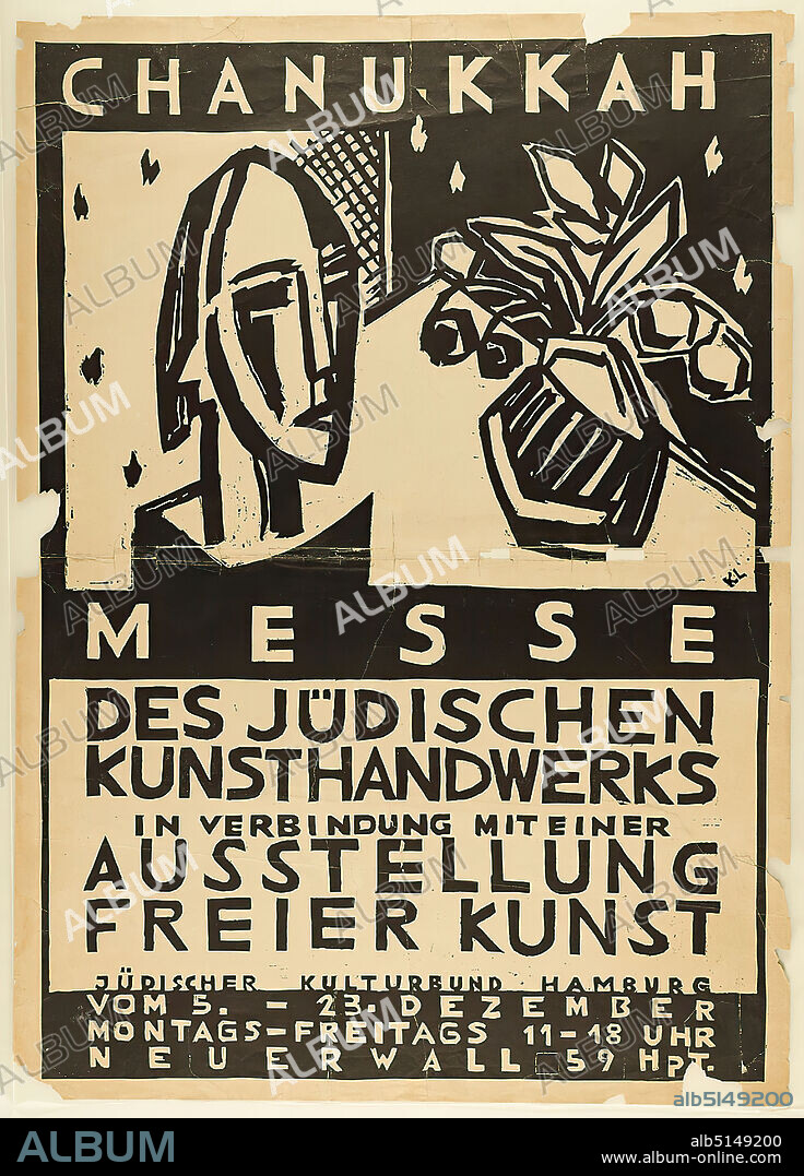 Kurt Löwengard, Hanukkah mass of Jewish arts and crafts in connection with an exhibition of free art, paper, lithography, Total: height: 104,5 cm; width: 74,5 cm, monogrammed: recto re. in print: KL, event posters, fairs/exhibitions, exhibition posters, fair (trade), art exhibition, arts and crafts, arts and crafts, industrial design, head, face, container (ceramics): vessel, jug, pot, vase, flowers, sculpture, sculpture (collecting and exhibiting works of art), Jews, Jewish life.