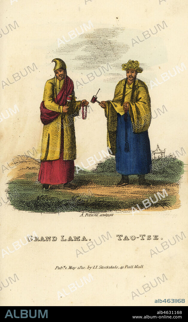 Grand Lama and Tao-Tse. Tartar Buddhist monk in yellow satin robe, and Taoist monk in yellow and blue robes. Handcoloured copperplate engraving by Andrea Freschi after Antoine Cardon from Henri-Leonard-Jean-Baptiste Bertin and Jean Baptiste Joseph Breton's China, Its Costumes, Arts, Manufactures, etc., Howlett and Brimmer, London, 1824.