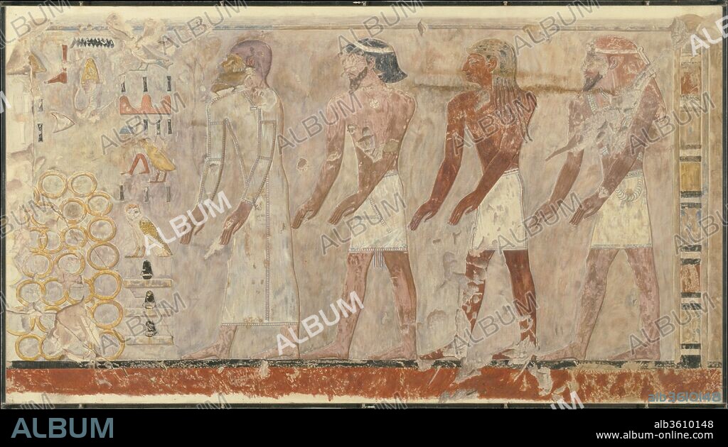 Four Foreign Chieftains, Tomb of Puyemre. Artist: Norman de Garis Davies (1865-1941). Dimensions: H. 52 cm (20 1/2 in); w. 95.5 cm (37 5/8 in)
scale 1:1
Framed: h. 22 in.; w. 39 in.. Dynasty: Dynasty 18. Reign: Joint reign of Hatshepsut and Thutmose III. Date: ca. 1479-1458 B.C..
This facsimile painting copies a procession of foreign chiftains in the tomb of Puyemre (TT 39) at Thebes.
