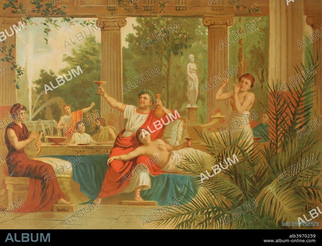 Nerón Cladio Cesar Augusto Germánico (37-68 d. C.). Emperador romano de la dinastía Julio-Claudia. Escena del emperador Nerón participando en una bacanal. Cromolitografía. La Civilización, tomo II, 1881. Biblioteca Histórico Militar de Barcelona, Cataluña, España.