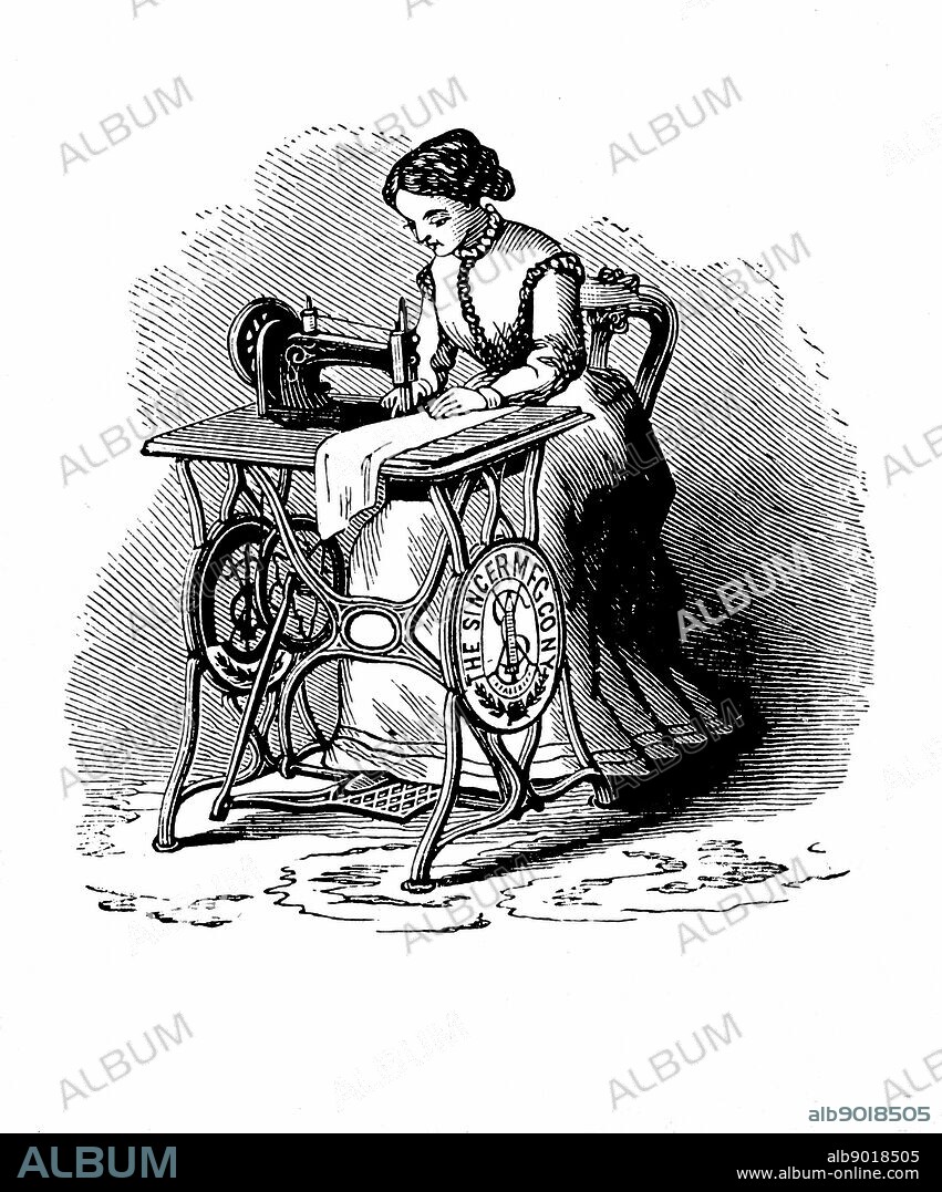 Sewing machine by Isaac Merritt Singer (1811-1875): Treadle version. From 'Genius Rewarded or the Story of the Sewing Machine', New York, 1880. Wood engraving.