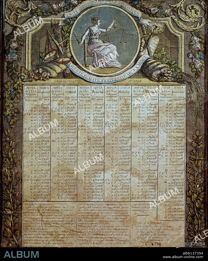 CALENDARIO ADOPTADO EN FRANCIA DURANTE LA REVOLUCION EN 1793 QUE CONMEMORA LA 1 REPUBLICA.