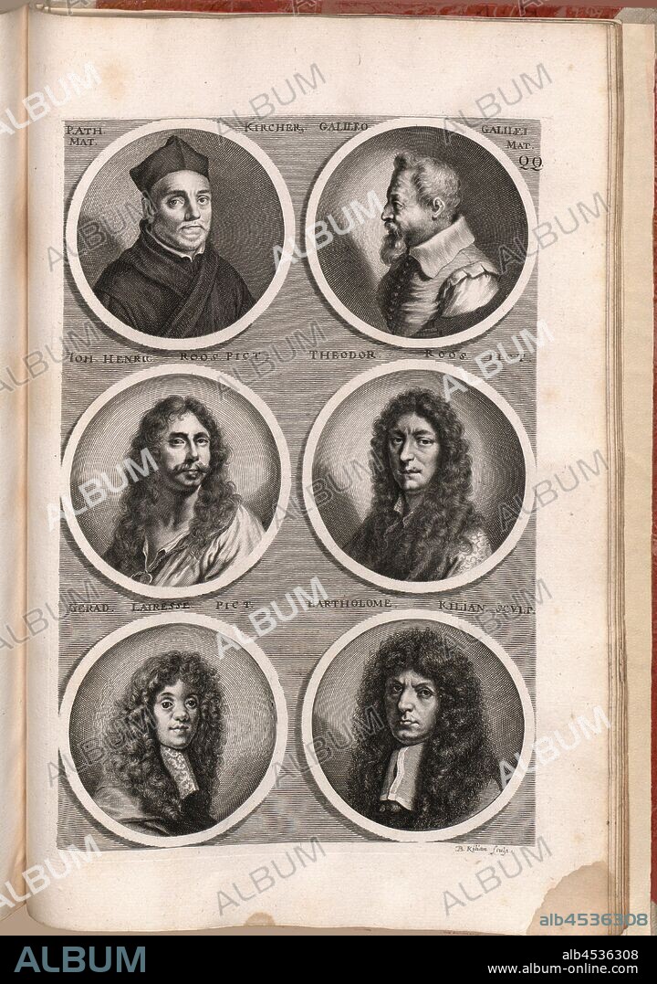 B. It. Kissinger, Mad. Galileo Galilee Made. Io. Henrik. Rose. Picit. Bartholomew Klein Sasulup., Portrait of Athanasius Kircher, Galileo Galilei, Johann Heinrich Roos, Bartholomew Kilian, Signed: B. Kilian sculp, Fig. 39, QQ, after p. 424, Kilian, Bartholomäus (sc.), 1774, Joachim von Sandrart:Teutsche Academie der Bau- Bildhauer- und Maler-Kunst: worinn die Regeln und Lehrsätze dieser Künste gegeben, nicht weniger zu mehrerer Erläuterung die besten Exempel der alten und neuen Künstler in Kupfer beygefüget worden, wie solche in Rom auf das genaueste abgezeichnet sind: nebst den Lebensbeschreibungen der besten griechischen, römischen und neuen Künstler, ingleichen der Anzeige ihrer vornehmsten Werke. Nürnberg: verlegt in der Johann Andreas Endterischen Handlung, 1768-1775.