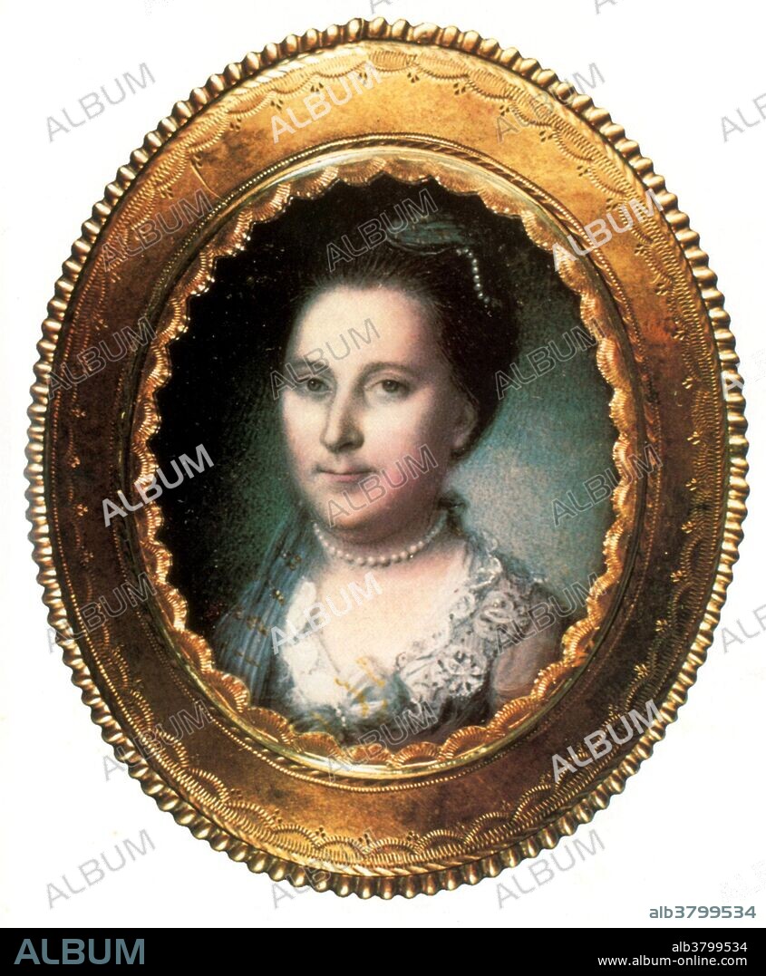 Martha Dandridge Custis Washington (1731-1802) was the wife of George Washington, the first president of the United States. Although the title was not coined until after her death, Martha Washington is considered to be the first First Lady of the United States. During her lifetime, she was known as "Lady Washington". Martha Washington was a fashionable dresser, assertive, and a woman of independent means. Through the duration of the American Revolutionary War she traveled thousands of miles to be with her husband at military encampments in Massachusetts, New Jersey, Pennsylvania, and New York. In 1902, she became the first American woman to be honored on a U.S. postage stamp. Martha Washington is the only woman whose portrait has appeared on the face of a U.S. currency note. Painting by Charles Willson Peale.
