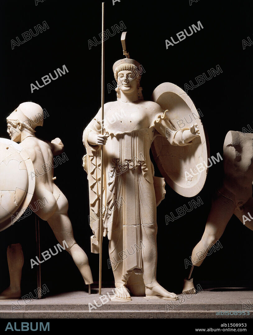 Greek civilization, 5th century b.C. Cast sculpture depicting Athena, from the west pediment of the Temple of Aphaia at Aegina, 490 b.C.
