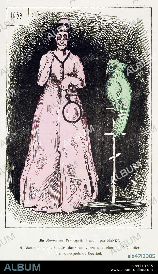 Ma femme au perroquet, A moi, par MANET. M. Manet ne peut-il boire dans son verre sans chercher a etouffer les perroquets de Courbet. Caricature par STOCK (19 s.) tiree de L'Epatouflant. Salon du Havre 1868. Credit : Coll. Dixmier/KHARBINE-TAPABOR.