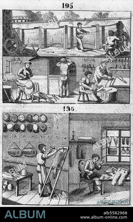 Comenius, Johann Amos, tschech. Komensky; Geistlicher und Volkserzieher. 1592-1670. Werke: Orbis sensualium pictus (bebildertes Schulbuch; 1654). Der Seiler; der Sattler (195). Der Kürschner; der Hosenmacher (196). Radierung aus der Ausgabe Tübingen 1832. ("Neuer Orbis Pictus für die Jugend"), bearbeitet von Johann Eberhard Gailer (1792-1850).