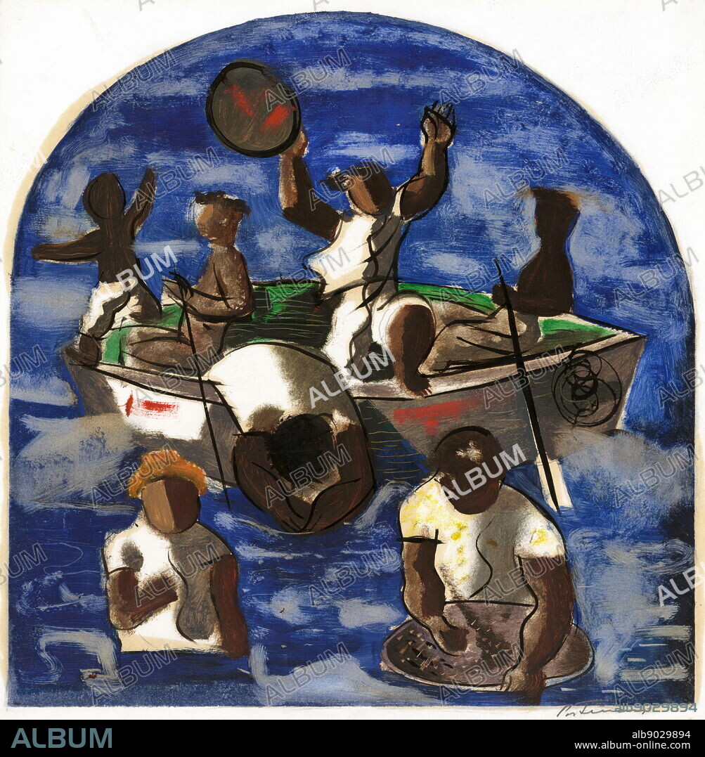 CANDIDO PORTINARI. Preparatory drawing for 'Mining for Gold' mural at the Hispanic Division in the Library of Congress. Washington DC. By Cândido Portinari, 1903-1962, artist 1941. drawing in pastel, gouache and ink showing men panning for gold, two men in water and four others in rowboat.