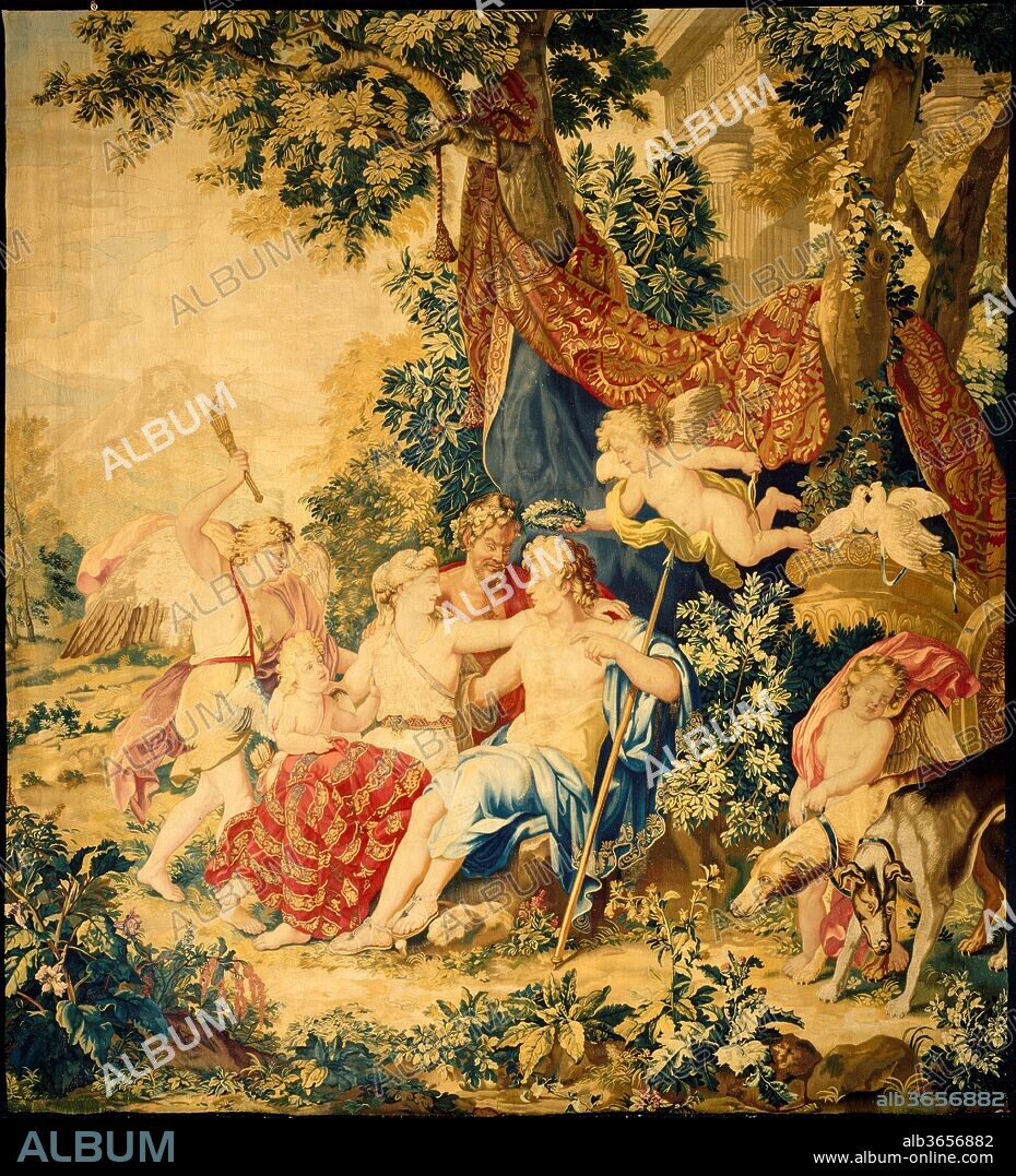 Venus and Adonis from a set of Mythological Subjects after Raphael. Artist: Designed after drawing previously attributed to Raphael (Raffaello Sanzio or Santi) (Italian, Urbino 1483-1520 Rome); Designed after a drawing now attributed to Giulio Romano (Italian, Rome 1499?-1546 Mantua); Cartoon painted by Pierre de Sève the Younger (French, ca. 1623-1695). Culture: French, Paris. Designer: Possibly designed by Antoine Coypel (French, Paris 1661-1722 Paris). Dimensions: Overall: 143 1/4 × 134 1/2 in. (363.9 × 341.6 cm). Maker: Woven in the workshop directed by Jean Jans the Younger (French, 1644-1723). Manufactory: Woven in the Manufacture Nationale des Gobelins (French, established 1662). Date: designed 1686, woven 1686-90.