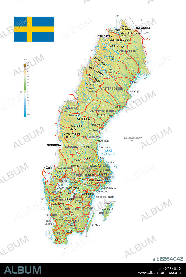 SUECIA. Mapa físico y político de Suecia.