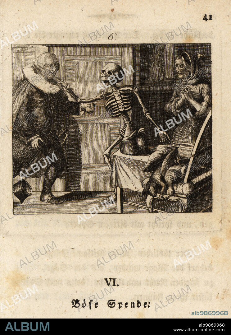 The skeleton of Death, Freund Hans, lays his bony hand on a judges shoulder in his chambers., 18th century. The judge in ruff collar and robes. A servant woman watches in horror. A ham, rabbit and game fowl on the table. The judge. Bose Spende. Copperplate engraving by Johan Georg Mansfeld after an original by Johann Rudolf Schellenberg from Johan Kark Musauss Freund Heins Erscheinungen in Holbeins Manier, (Apparitions of Death in the manner of Holbein) Mannheim, 1803.