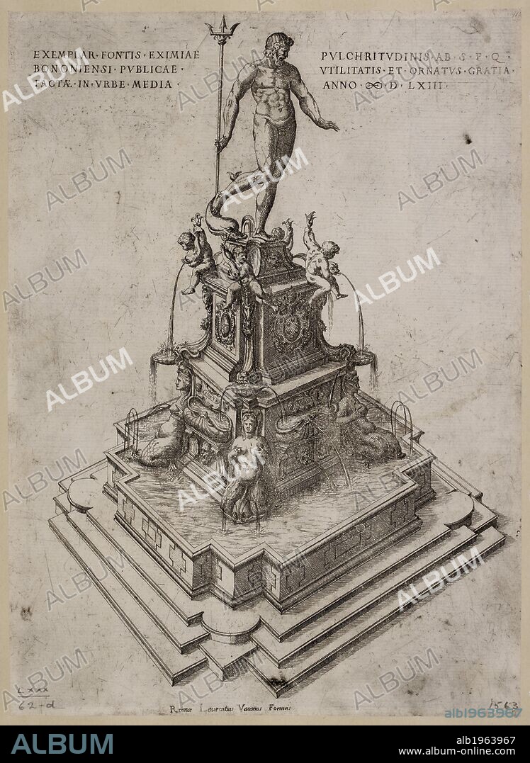 Engraving of fountain with a statue of Neptune in Bologna in Italy. . Veduta della Fontana a Bologna da Laurentius Vaca. Bologna architecture. Source: Maps K.Top.80.62-d. Language: Italian.