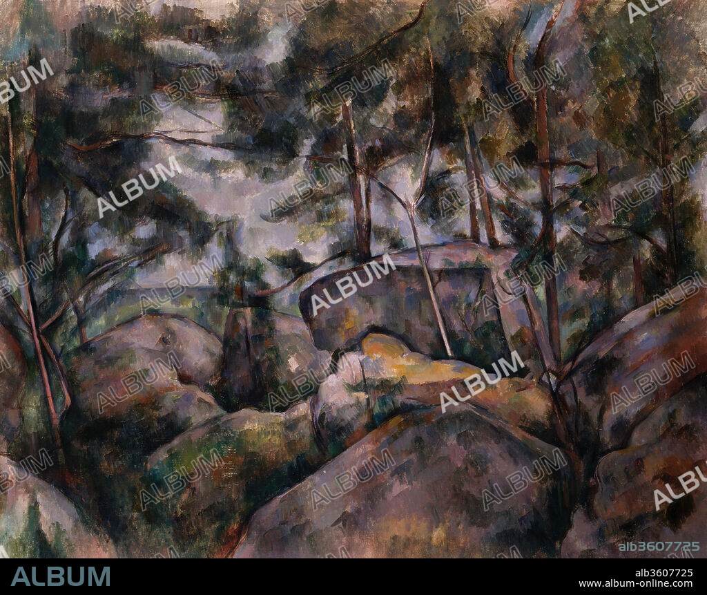 PAUL CEZANNE. Rocks in the Forest. Artist: Paul Cézanne (French, Aix-en-Provence 1839-1906 Aix-en-Provence). Dimensions: 28 7/8 x 36 3/8 in. (73.3 x 92.4 cm). Date: 1890s.

Cézanne treated the rocks in this composition much as he did the fruits in his still lifes, rendering the shapes with passages of subtly varied color. Green, blue, and purple tints, with an accent of golden sunlight at center, impart a shimmering vibrancy to the stones. The sense of delicacy is enhanced by the thin, watercolor-like application of pigment, typical of Cézanne's oils in the mid-1890s. Scholars traditionally identified the setting as the forest of Fontainebleau, where the artist worked around 1894, but it has also been suggested that the site is near Aix-en-Provence.