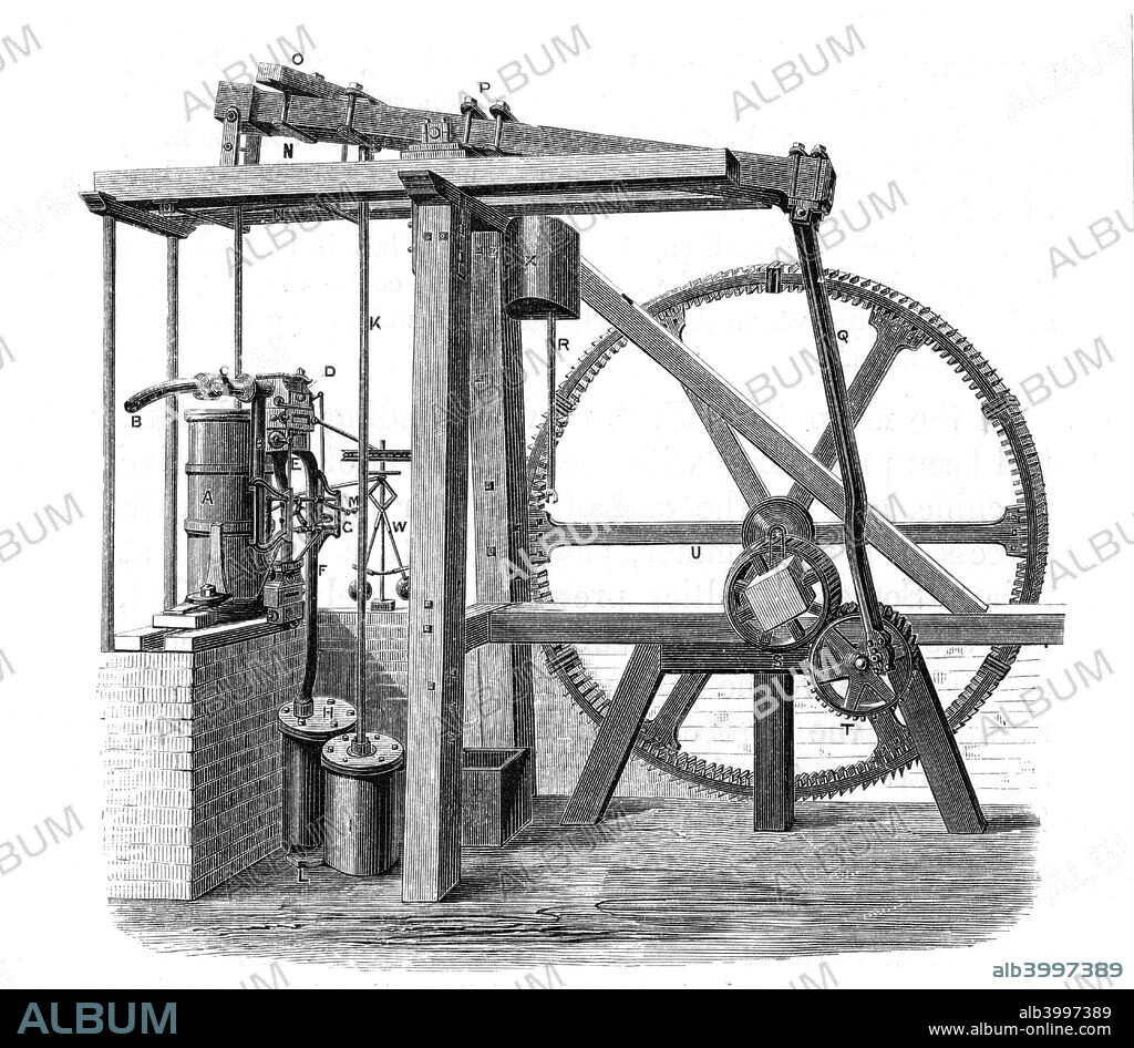 James Watt's prototype steam engine 'Old Bess', c1778. Scottish engineer and inventor Watt (1736-1819) formed a successful partnership with the entrepreneur Matthew Boulton in 1775, building steam engines to power mills, factories and mines. Watt's designs with a separate condenser were more efficient than earlier steam engines. In this engine, which was erected at the Soho works, Birmingham, England, in 1777-1778, reciprocating motion was turned into rotary motion by a sun-and-planet gear train.