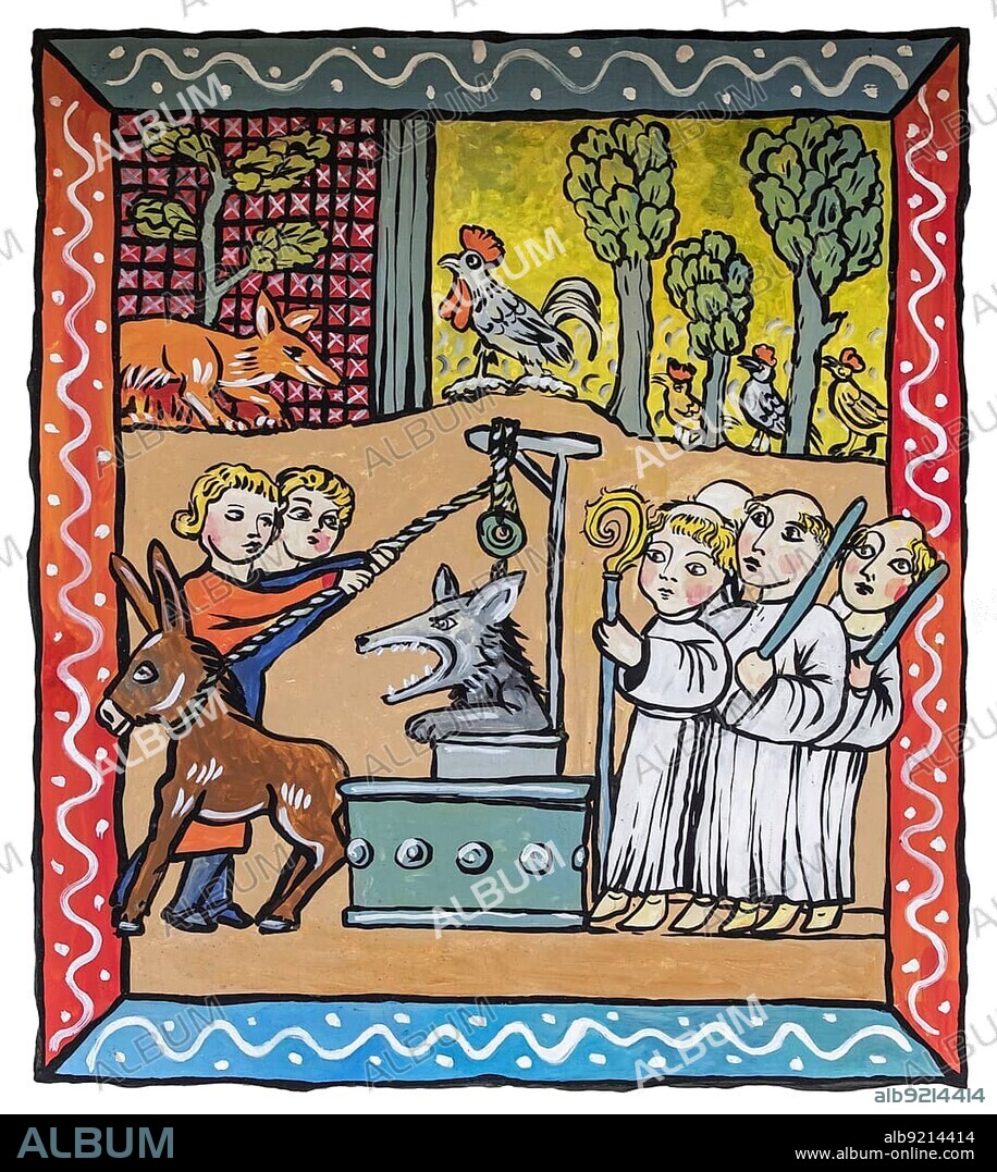 Medieval illustration of the Reynard the Fox fable showing the wolf Isengrim, Ysengrim in a water well