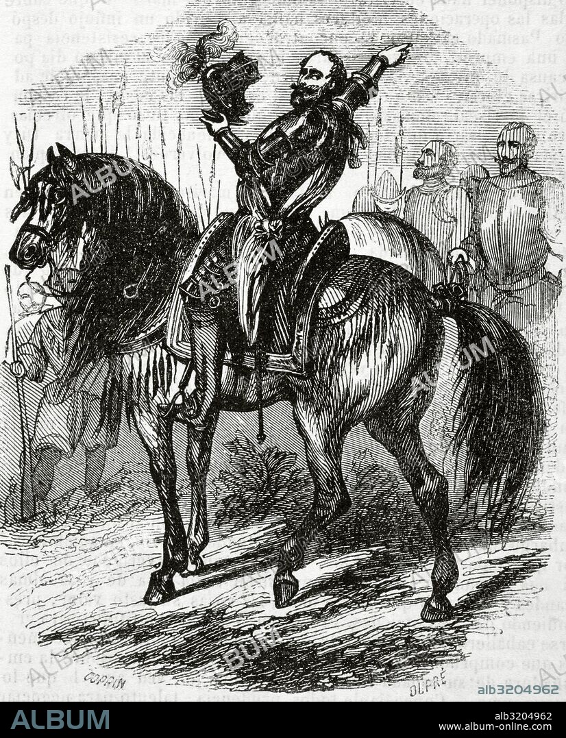 Enrique IV "el Grande" (1553-1610). Rey de Navarra en 1562 (Enrique III) y de Francia (1589-1610). Jefe de los hugonotes (1569). Tras su alianza con los protestantes estableció la tolerancia religiosa. "El rey durante la Guerra de Religiones en Francia, en la batalla de Ivry, 14 de marzo de 1590". Grabado por Dupré. Biblioteca Universal, 1851.