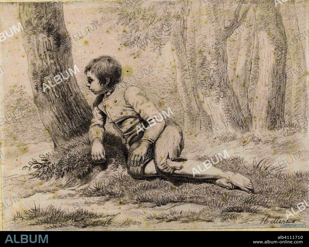 Boy lying under a tree. Draughtsman: Jacob Ernst Marcus. Dating: 1784 - 1826. Measurements: h 225 mm × w 302 mm.