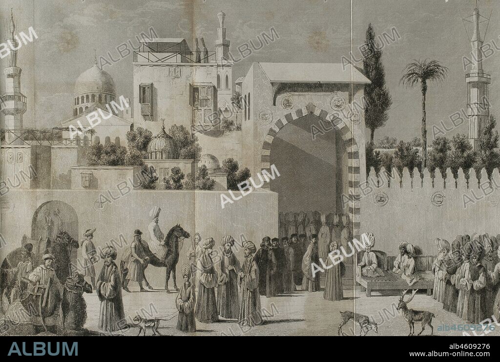 Sultanato Mameluco (1250-1517). Recibimiento de una embajada veneciana en Damasco, en 1511. Grabado por Lemaitre y Lalaisse, a partir de una pintura realizada por el taller de Giovanni Bellini (1426-1516). Historia de Turquía, por Joseph Marie Jouannin (1783-1844) y Jules Van Gaver. Panorama Universal, edición española de 1840.