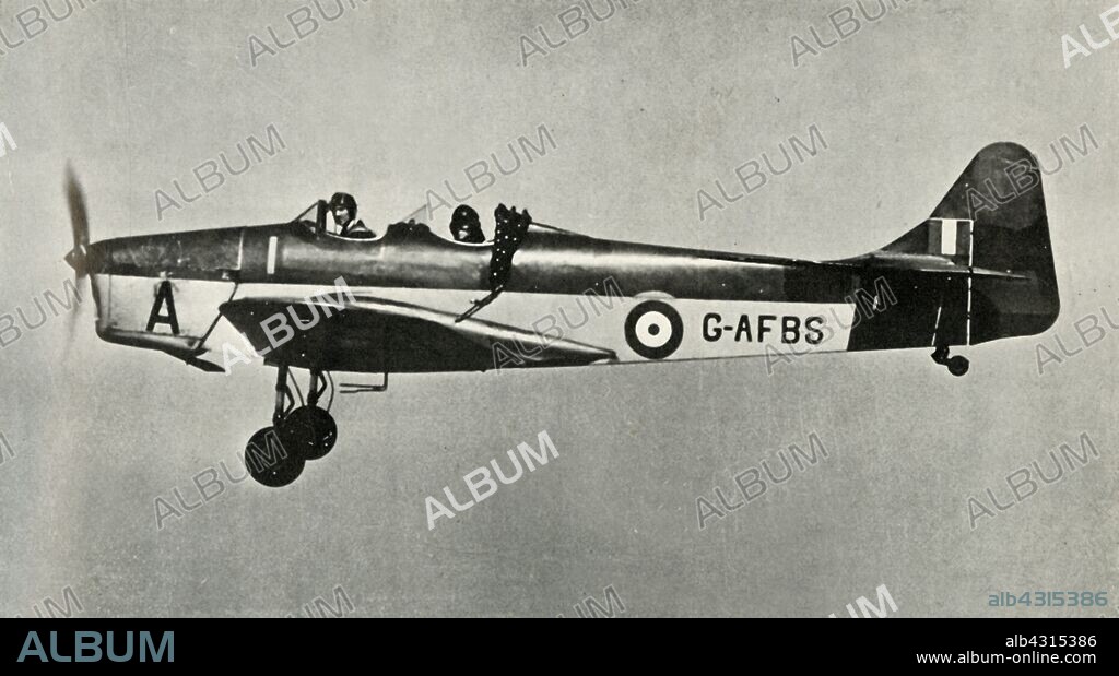 'The Miles Magister', 1941. Instructional flight in a Miles M.14 Magister, a British two-seat monoplane trainer aircraft built by the Miles Aircraft for the RAF. Used during the Second World War, the aircraft was affectionately known as the 'Maggie'. The pupil is in the rear cockpit. From "The Royal Air Force in Pictures", 2nd edition, by World War I flying ace Major Oliver Stewart. [Country Life Ltd, London, 1941].