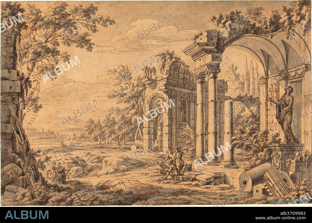 JOHANN OSWALD HARMS. Landscape with a Draftsman among Ancient Ruins. Dated: 1670s. Dimensions: overall: 25.7 x 39 cm (10 1/8 x 15 3/8 in.). Medium: pen and brown ink with gray and brown wash over red chalk on laid paper.