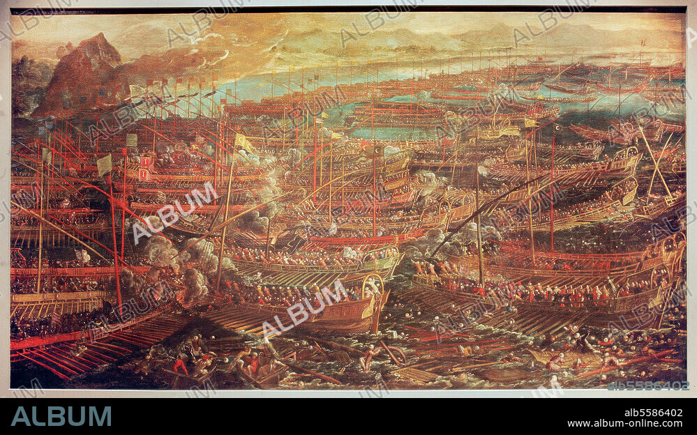 Seeschlacht bei Lepanto, 7. Oktober 1571. (Sieg der venez., span. u. päpstl. Flotte unter Don Juan d'Austria über die türkische Seemacht bei Lepanto, Naupaktos, im Golf von Korinth). "Die Schlacht von Lepanto". Gemälde, um 1571, Jacopo Tintoretto (1518-94) Werkstatt; Öl auf Leinwand, 180 × 320 cm. Privatbesitz.