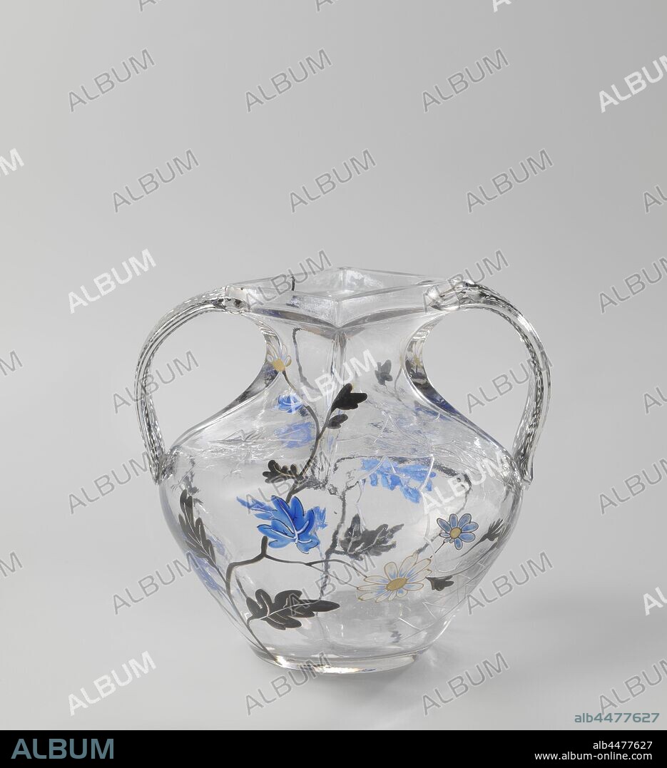 Vase with a cricket, a spider, a grasshopper and a dragonfly between flower and leaf vines, Vase with flat bottom. Bent body merging into a bent, square mouth, flat, bent ears. On the body in wheel engraving a cricket, a grasshopper and a dragonfly between flower and leaf vines in black, white, blue and gilt. Stylized vines on the ears. On the bottom the signature in red enamel E Gallé Nancy., Émile Gallé (workshop of), Nancy, c. 1884 - c. 1889, glass, glassblowing, h 11.7 cm w 13.0 cm d 11.3 cm.