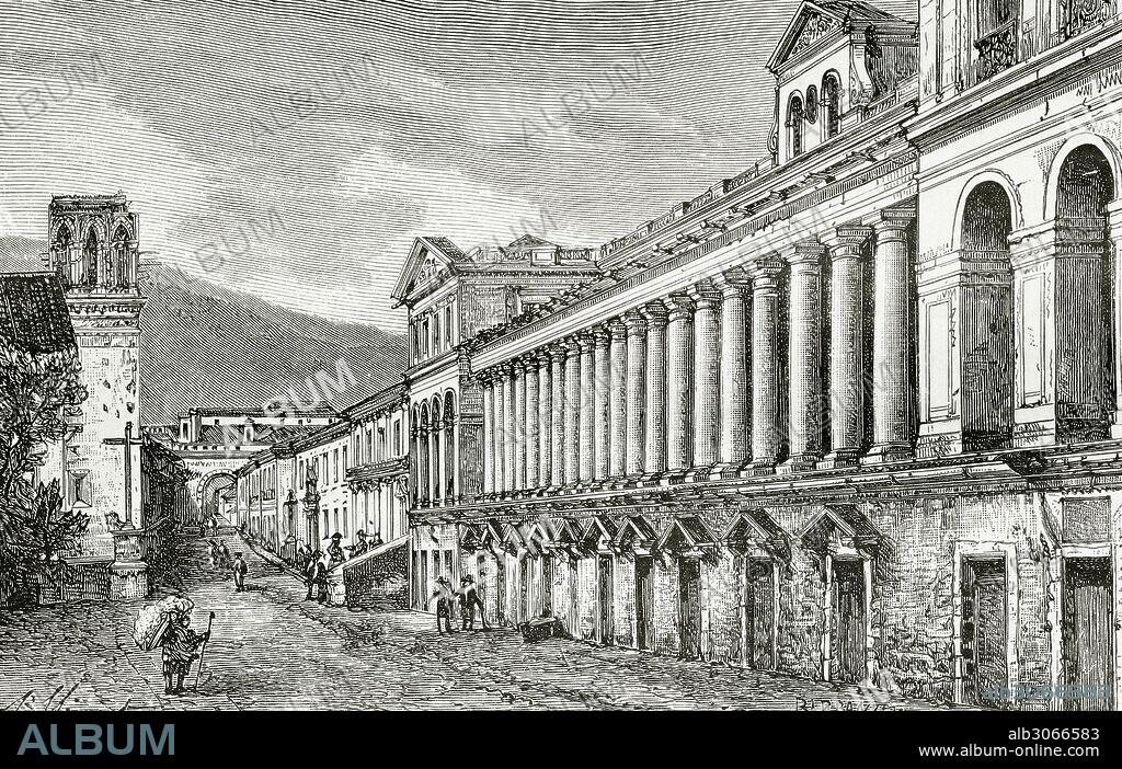 HISTORIA DE AMERICA. SIGLO XIX. ECUADOR. QUITO, capital de la República, fundada en 1534 por Sebastián de Benalcázar. PALACIO DEL GOBIERNO o Palacio de Carondelet. Estilo neoclásico. Grabado del año 1879.