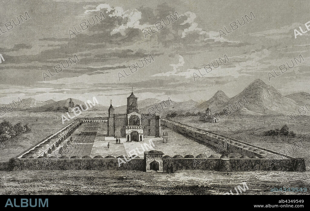 Armenia. Echmiadzin o Ejmiatsin, ciudad santa de Armenia y sede del jefe de la Iglesia Apostólica Armenia. Vista de las tres iglesias. Grabado dibujado por Arnout. Lemaitre direxit. Panorama Universal. Historia de la Armenia, 1838.