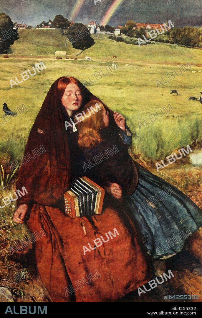 JOHN EVERETT MILLAIS. 'The Blind Girl', 1856, (1948). Two girls, the elder one blind and with a concertina in her lap, rest by a wayside stream after rain. The younger girl looks back at a double rainbow in background, as a butterfly settles on her sister's cloak. Painting in the Birmingham City Museums and Art Gallery, England. From "The Saturday Book", Eighth Year, edited by Leonard Russell. [Hutchinson, London, 1948].