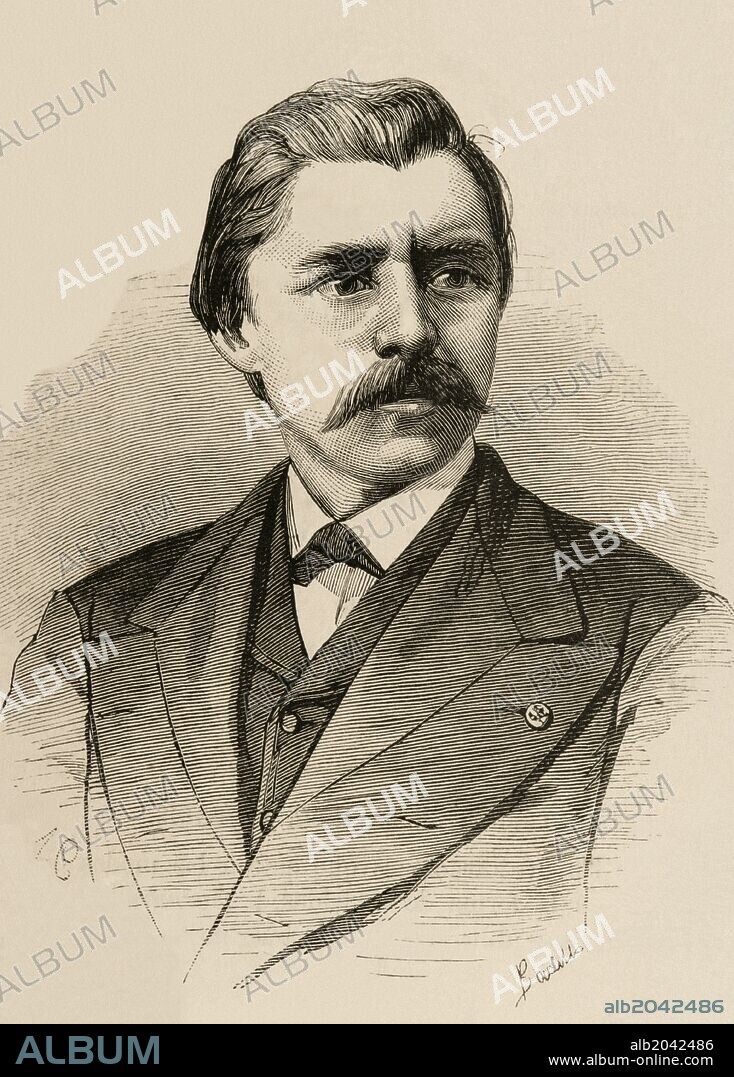 ARTURO CARRETERO Y SÁNCHEZ. David Edward Hughes (Londres, Gran Bretaña, 16 de mayo de 1831-? Londres, 22 de enero de 1900). Físico estadounidense de origen británico. Grabado por A. Carretero. "La Ilustración Española y Americana", año 1875.