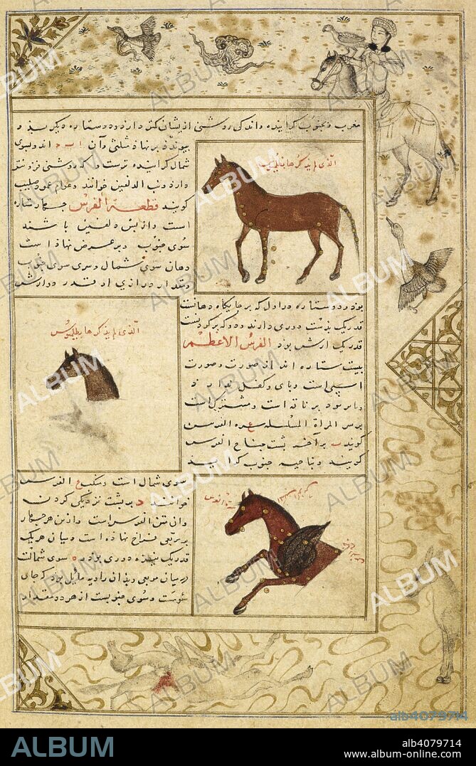 Equus Major, Equuleus and Pegasus. Marginal drawings of a prince hunting, and animals. Illustrations to a treatise on astrology. Miscellany of Iskandar Sultan. Southern Iran, 1410-1411. Source: Add. 27261, f.537v. Language: Persian.