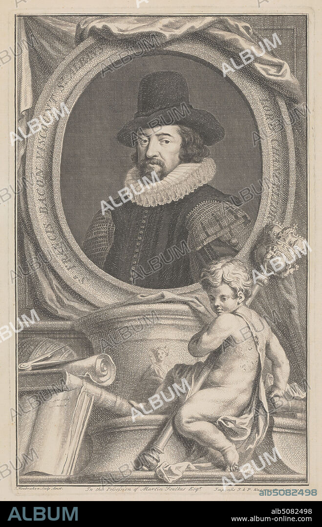 Sir Francis Bacon, Viscount St. Alban, Lord Chancellor, Print made by Jacobus Houbraken, 16981780, Dutch, 1738, Line engraving on medium, slightly textured, cream laid paper.