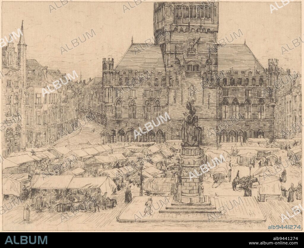The Grote Markt of Bruges with in the foreground the statue of Jan Breydel and Pieter de Coninck. Behind it market stalls and the belfry, Grote Markt in Bruges., print maker: Gerrit Haverkamp, (signed by artist), publisher: Johannes Henricus de Bois, (mentioned on object), 1882 - 1925, paper, etching, h 153 mm × w 185 mm.