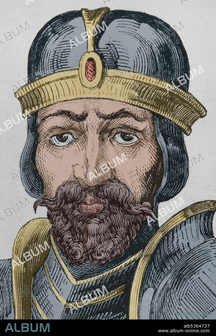 Don Rodrigo. Rey visigodo (710 a 711). Ultimo rey de los godos. Perdió el trono cuando la península fue invadida por los árabes, siendo derrotado en la Batalla de Guadalete. Retrato. Grabado coloreado. Las Glorias Nacionales. Tomo II, edición Madrid-Barcelona, 1853.