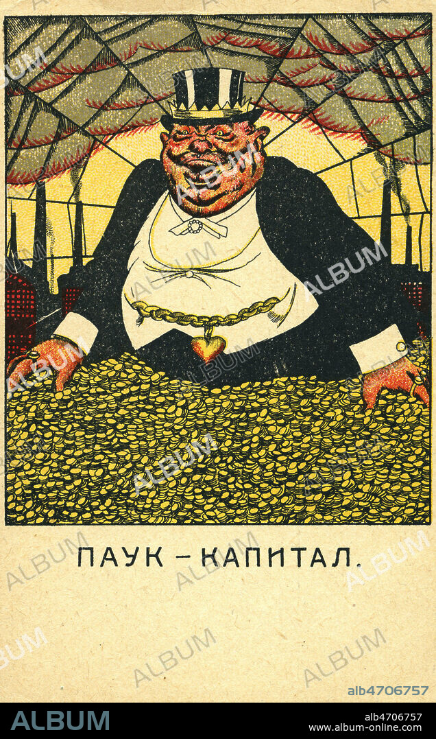 'Le capital araignee'. Caricature anticapitaliste. Carte postale russe vers 1917. Credit : IM/KHARBINE-TAPABOR.