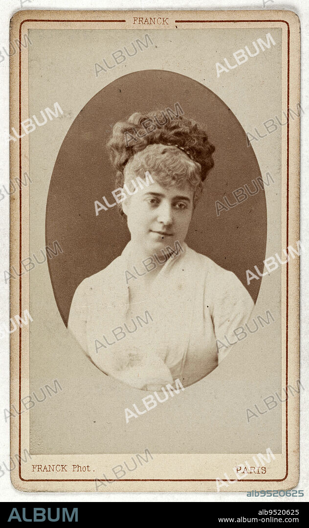 Portrait of Donvé Marguerite, (born Marguerite Dumont), (1852-1904), (actress), Franck (François Gobinet de Villechole, dit), Photographer, Between 1870 and 1890, 2nd half of the 19th century, Photography, Graphic arts, Photography, Albumen paper print, Dimensions - Work: Height: 9.4 cm, Width: 5.5 cm, Dimensions: Height: 10.5 cm, Width: 6.3 cm.