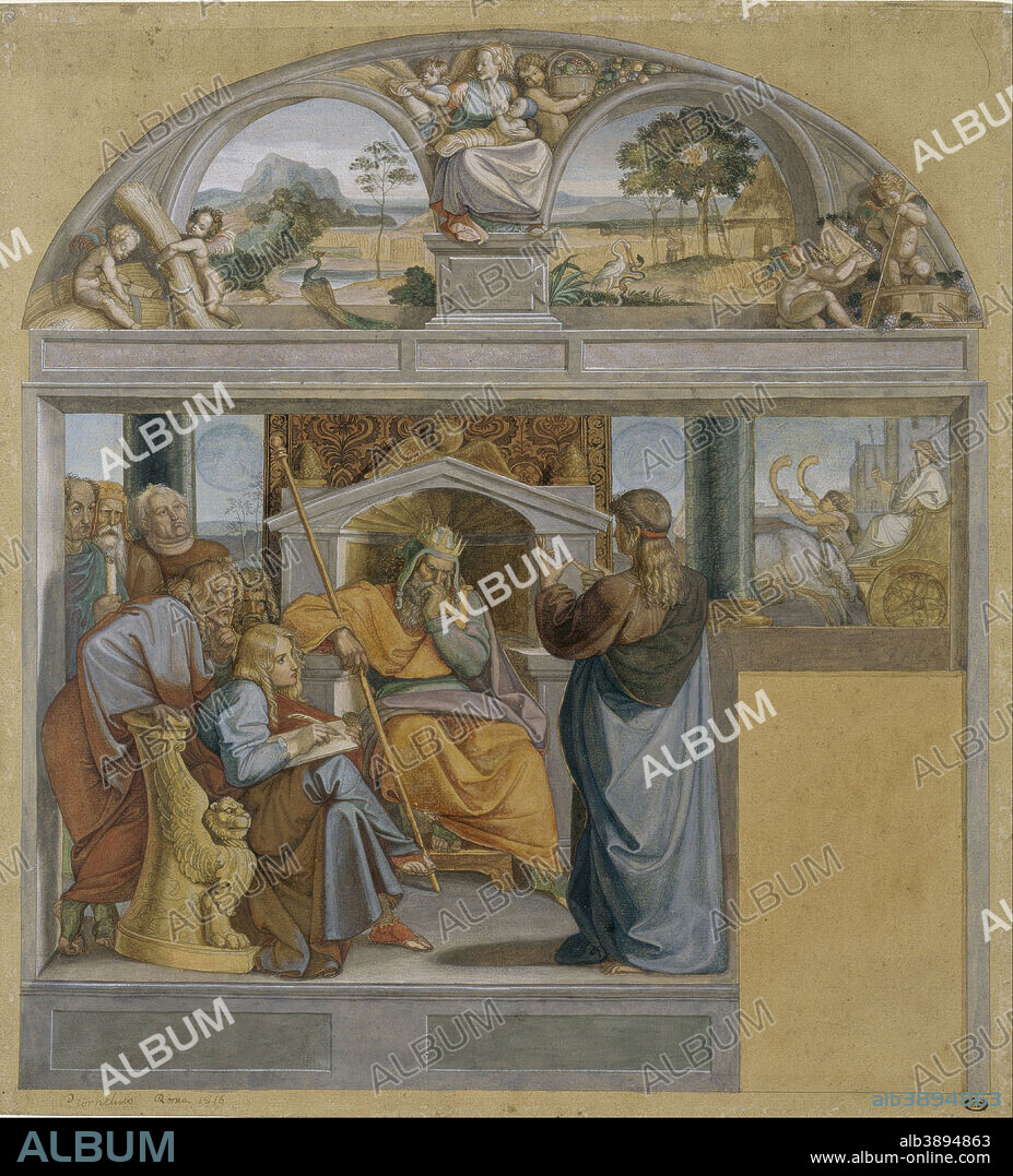 PETER VON CORNELIUS. Joseph interpreting Pharaoh's dreams. Date/Period: 1816. Paper. Watercolour and gouache over pencil on brownish card; signed at bottom left: 'P. Cornelius Roma 1816' Watercolour and gouache over pencil on brownish card; signed at bottom left: 'P. Cornelius Roma 1816'. Height: 386 mm (15.19 in); Width: 357 mm (14.05 in).