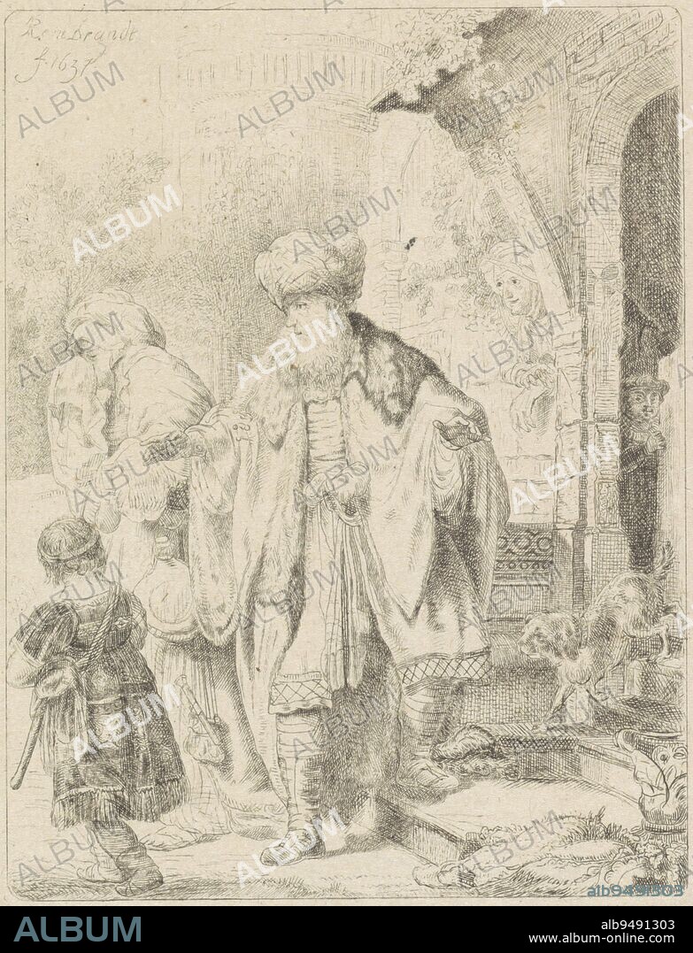 Abraham sends Hagar and Ishmael away. Hagar covers her face. In the porch of the house stands the smiling Sarah with her son Isaac., Abraham rejects Hagar and Ishmael, print maker: Martinus Johannes Cornelis Weegenaar, (mentioned on object), Rembrandt van Rijn, (mentioned on object), Den Bosch, 1637 and/or 1866, paper, etching, h 130 mm × w 98 mm.