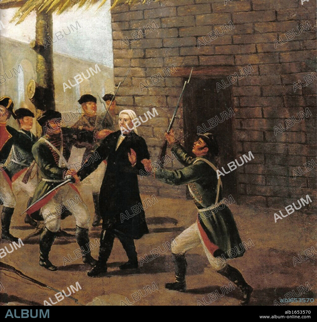 Jose Maria Teclo Morelos y Pavon (1765-1815), right, Mexican Roman Catholic Priest who became leader of the revolutionaries after the execution of Miguel Hidalgo. Capture of Morelos by Royalist supporters, 5 November 1815. He was executed by firing squad on 22 December. Mexican War of Independence (from Spain) 1810-1820.