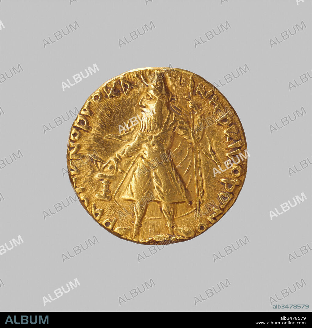 Coin of Kanishka, ca. 130, Pakistan (ancient region of Gandhara), Gold, Diam. 9/16 in. (1.4 cm), Metalwork, The Great Kushan rulers minted these gold coins in the second and early third centuries. They follow a Roman weight standard, and the rulers present themselves in relation to a range of Near Eastern and South Asian deities, such as the Shiva on the reverse of Vasudeva's coin.