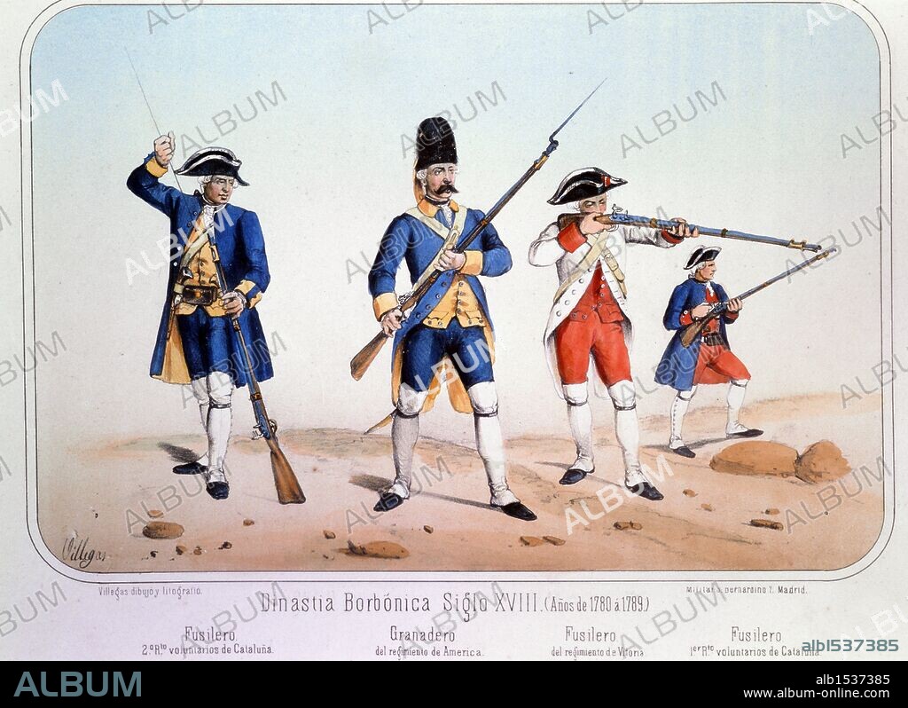 Reinado de Carlos III (1759 a 1788). Fusileros y Granaderos de diversos Regimientos en los años 1780 a 1789. Dibujo de Villegas. Lámina número 58 del ALBUM DE LA INFANTERIA ESPAÑOLA del Teniente General Conde de Clonard. Litografía Militar, Madrid, año 1861.