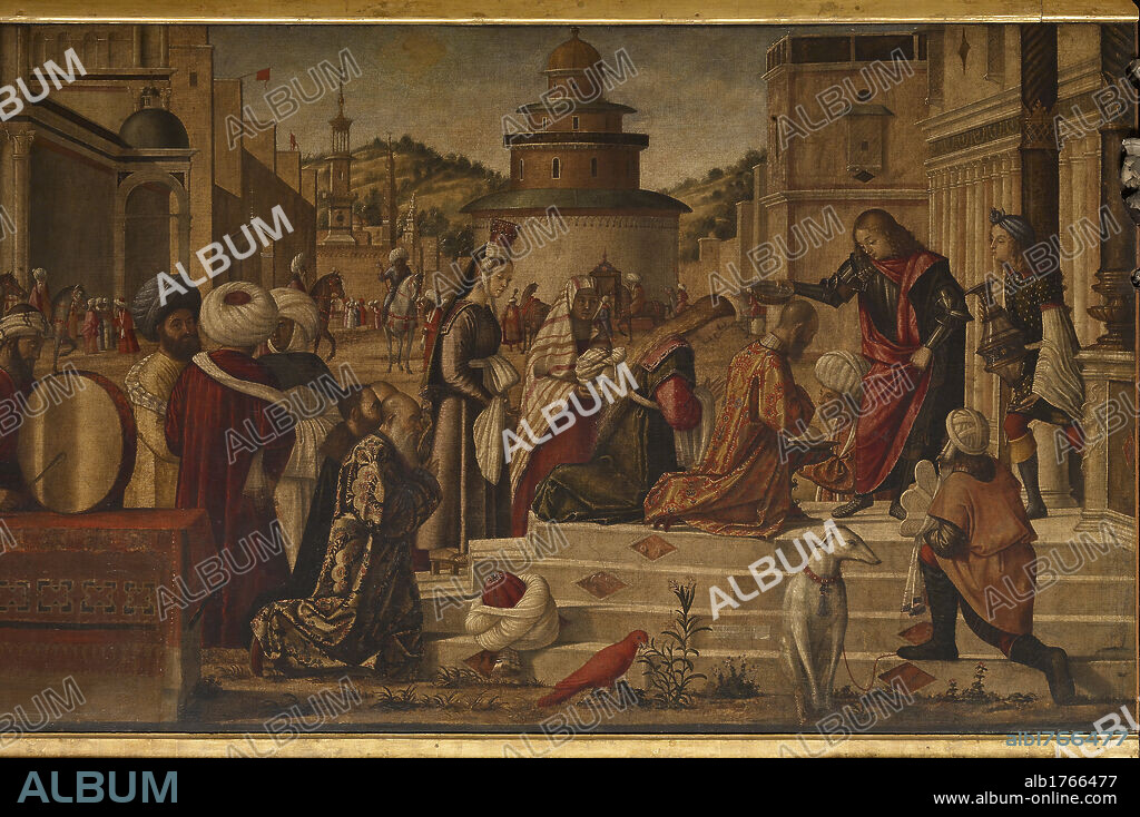 The Baptism of the Selenites, by Vittore Carpaccio, 1507, 16th Century, oil on canvas, cm 141 x 285. Italy, Veneto, Venice, Scuola di San Giorgio degli Schiavoni. Detail. Men Oriental style clothes headgears headdresses turbans musicians man kneeling baptism christening ceremony St George Selenites Renaissance buildings city steps stair sighthounds dog, Photographic Campaign 2010.