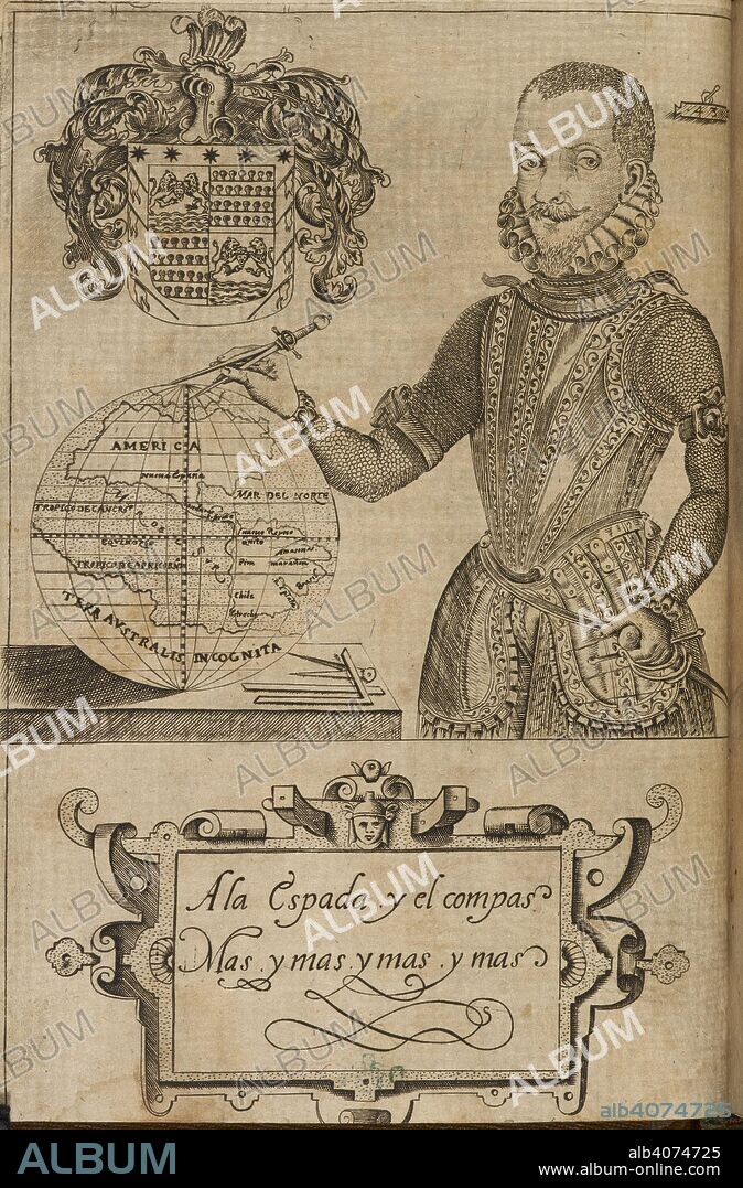 Portrait of the author, Bernardo de Vargas Machuca (c. 1550â€“1622), a soldier from Spain, who served in numerous South American pacification campaigns. The Indian Militia and Description of the Indies is the first known manual of counterinsurgency, or anti-guerrilla warfare. The book is a training manual for conquistadors. Milicia y description de las Indias. (Compendio de la Sphera.). P. Madrigal: Madrid, 1599. Source: 278.f.23 frontispiece. Language: Latin and Spanish.