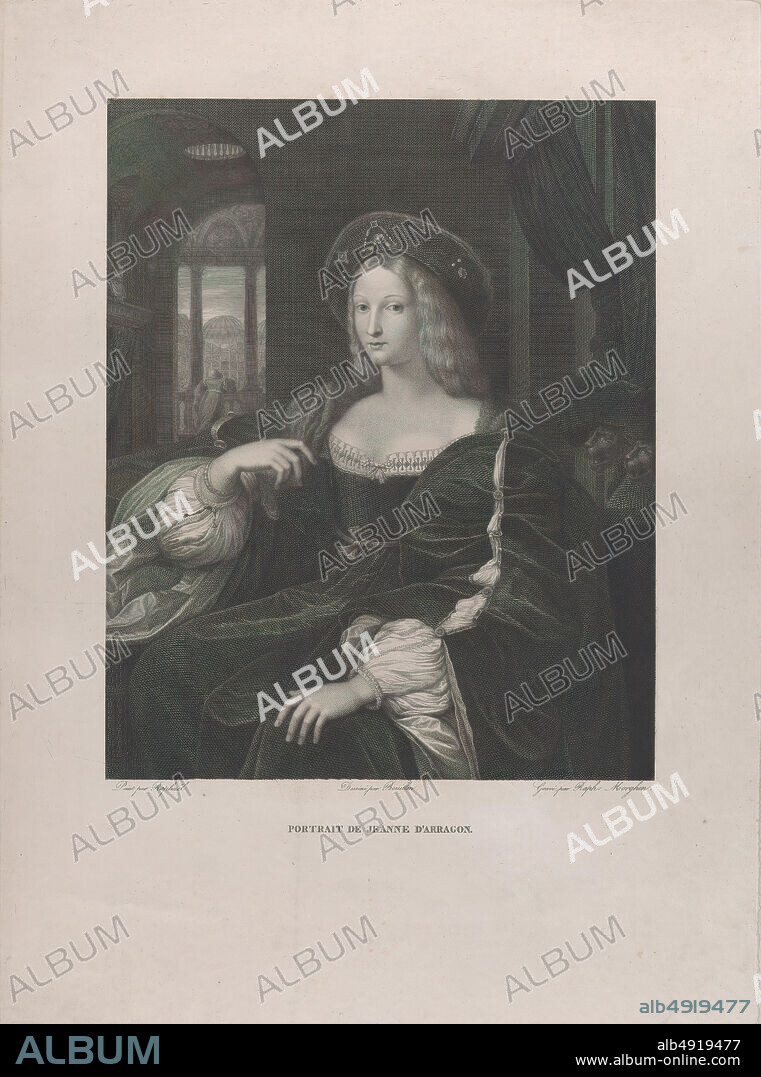 Raphael Morghen, Portrait of Doña Isabel de Requesens y Enrìques de Cardona-Anglesola (formerly identified as Joanna of Aragon), Raphael Morghen (Italian, Naples 17581833 Florence), Intermediary draftsman Pierre Bouillon (French, Thiviers 17761831 Paris), After Giulio Romano (Italian, Rome 1499?1546 Mantua), After Raphael (Raffaello Sanzio or Santi) (Italian, Urbino 14831520 Rome), Isabel de Requesens y Enrìques de Cardona-Anglesola, Vice-Queen of Naples (Spanish, 15001577), Formerly identified as Joanna of Aragon, Queen Consort of Naples (Spanish, Barcelona 14541517 Naples), 1821, Engraving; third state of four, Plate: 19 5/16 × 13 7/8 in. (49 × 35.3 cm), Sheet: 21 1/16 × 15 3/8 in. (53.5 × 39 cm), Prints.
