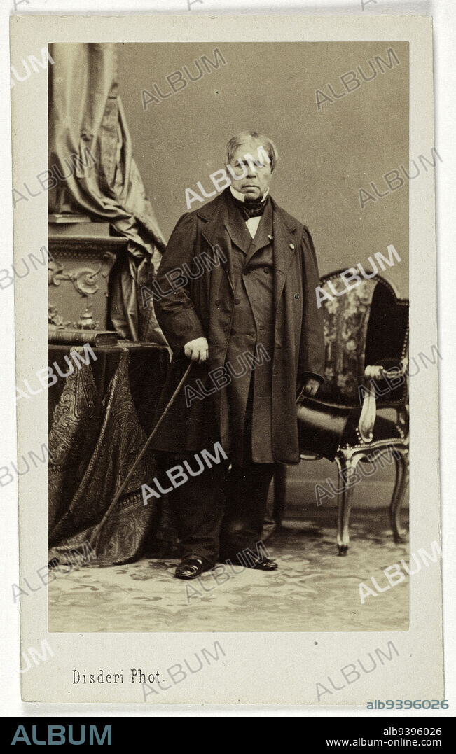 Portrait of Jean-Auguste-Dominique Ingres, (1780-1867), painter, Disdéri, André-Adolphe-Eugène, Photographer, Lozano, J., Diffuseur, Between 1860 and 1890, 2nd half of the 19th century, Photography, Graphic arts, Photography, Albumen paper print, Dimensions - Work: Height: 8.5 cm, Width: 5.2 cm, Dimensions: Height: 9.9 cm, Width: 6.1 cm.
